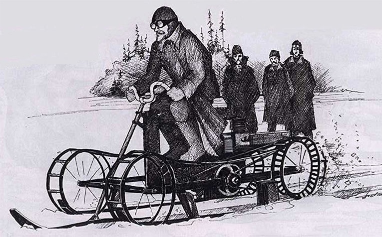 Историческая иллюстрация: человек управляет ранним прототипом вездехода с гусеничным приводом и лыжами, на заснеженном фоне с наблюдающими людьми
